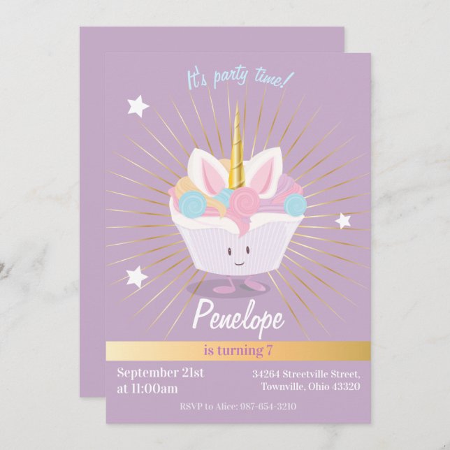 Unicorn Cupcake aux étoiles| Invitation d'annivers (Devant / Derrière)