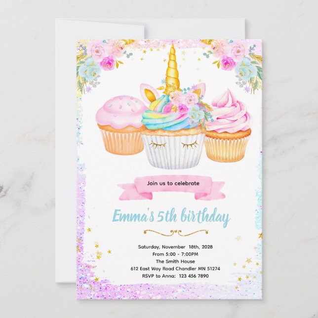 Unicorn cupcake birthday party invitation (Devant)