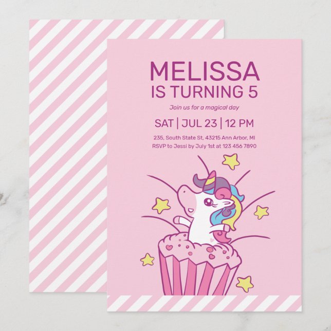 Unicorn Cupcake Pink Kids Birthday Invitation (Front/Back)