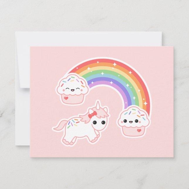 Unicorn Cupcake Rainbow Birthday Party Invitations (Front)