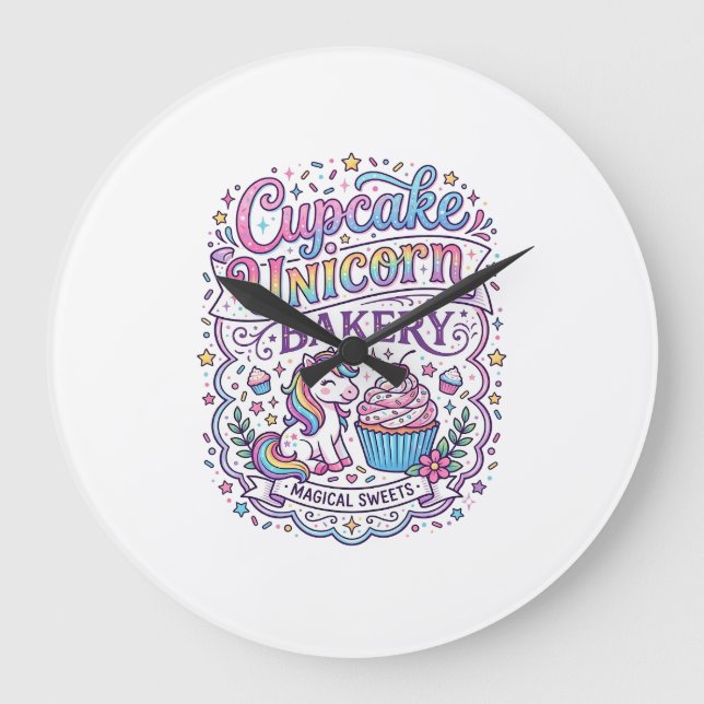 Unicorn Cupcake Unicorn Bakery White Background Pr Large Clock (Front)