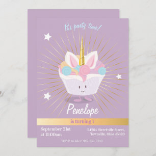 Unicorn Cupcake with stars Birthday Invitation