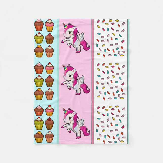 Unicorn, Cupcakes and Sprinkles Cute pink girl's Fleece Blanket (Front)