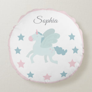 Unicorn Custom Name Cute Pink Blue  Round Pillow