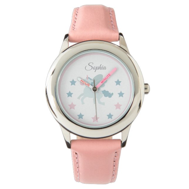 Unicorn Custom Name Cute Pink Blue  Watch (Front)