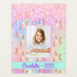 Unicorn custom photo glitter pink rainbow 2022 planner