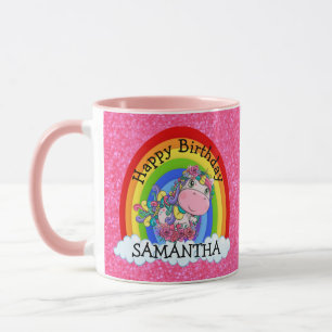Unicorn Cute Happy  BIRTHDAY Pink Glitter Mug