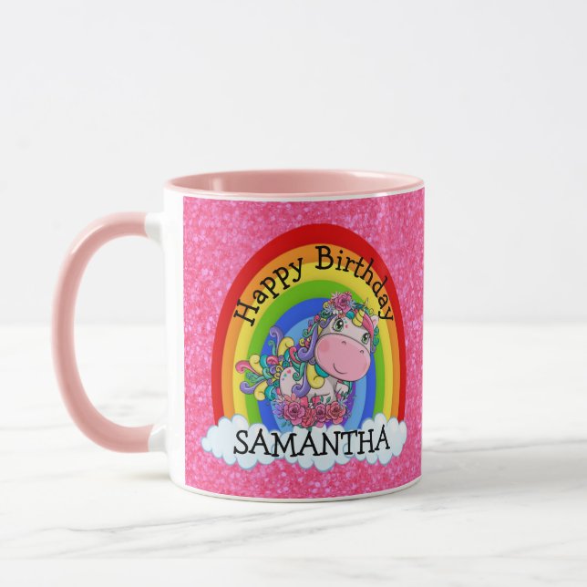 Unicorn Cute Happy  BIRTHDAY Pink Glitter Mug (Left)