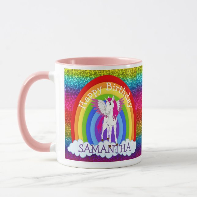 Unicorn Cute Happy  BIRTHDAY Rainbow Glitter Mug (Left)