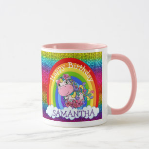 Unicorn Cute Happy  BIRTHDAY Rainbow Glitter Mug