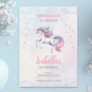 Unicorn Cute Magical Watercolor Birthday Party Save The Date
