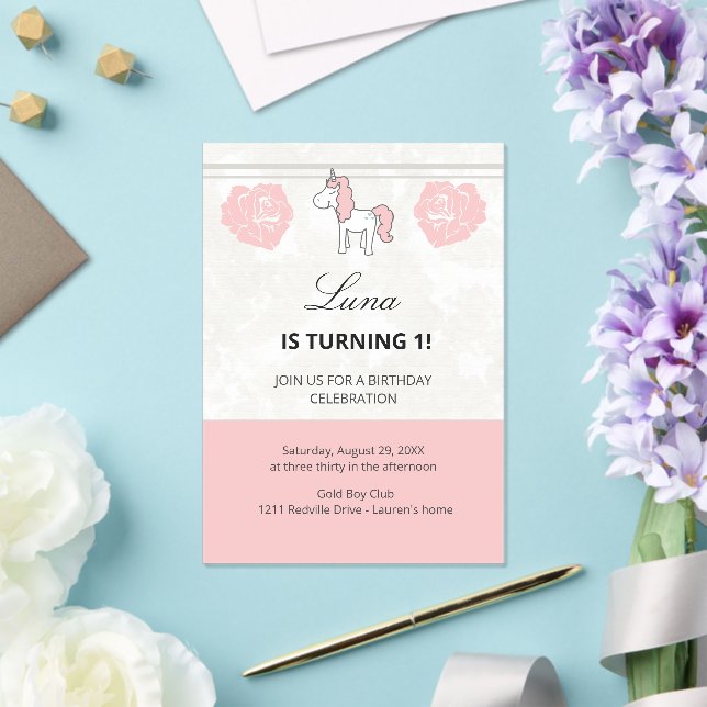 Unicorn Cute Pink 1st Birthday Party Invitation (Insitu (Wedding))