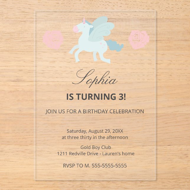 Unicorn Cute Pink Blue Birthday Party Invitation (Front)