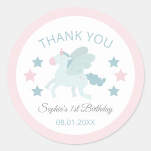 Unicorn Cute Pink Blue Thank You Birthday  Classic Round Sticker
