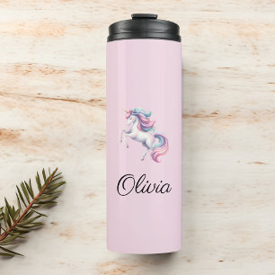 Unicorn Cute Watercolor Personalized Name Thermal Tumbler