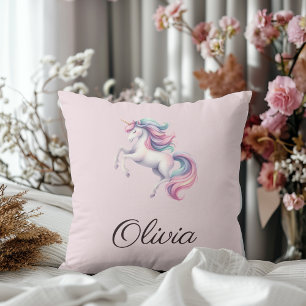 Unicorn Cute Watercolor Personalized Name Throw Pillow
