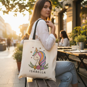 Unicorn Cute Whimsical Girly Personalized Name Tote Bag
