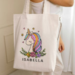 Unicorn Cute Whimsical Girly Personalized Name Tote Bag<br><div class="desc">Unicorn Cute Whimsical Girly Pink Floral Personalized Name Tote Bag features a cute unicorn with stars,  hearts and flowers. Perfect for back to school,  book bags for girls,  birthday party gifts and favours,  personalized Christmas gifts for girls and more. Designed by ©Evco Studio www.zazzle.com/store/evcostudio</div>