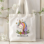 Unicorn Cute Whimsical Girly Personalized Name Tote Bag<br><div class="desc">Unicorn Cute Whimsical Girly Pink Floral Personalized Name Tote Bag features a cute unicorn with stars,  hearts and flowers. Perfect for back to school,  book bags for girls,  birthday party gifts and favours,  personalized Christmas gifts for girls and more. Designed by ©Evco Studio www.zazzle.com/store/evcostudio</div>