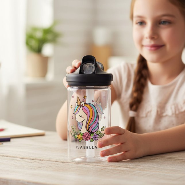 Unicorn Cute Whimsical Girly Personalized Name Water Bottle (Creator Uploaded)