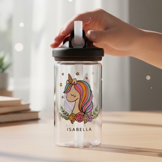 Unicorn Cute Whimsical Girly Personalized Name Water Bottle (Creator Uploaded)