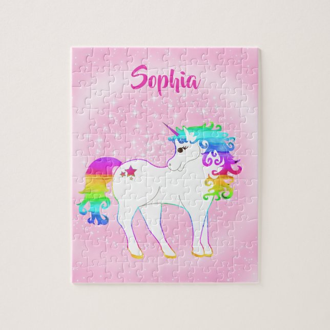 Unicorn Cute Whimsical Pink Stars Jigsaw Puzzle (Vertical)