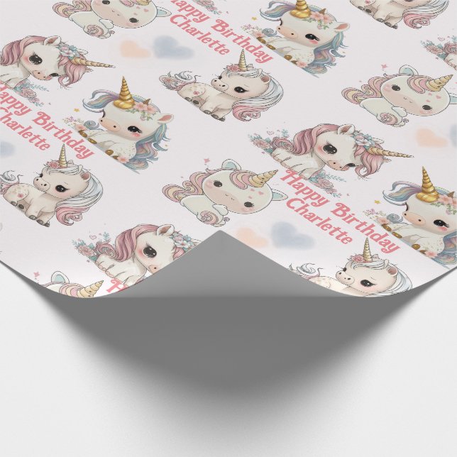 Unicorn Cuteness Overload Add Girl's Name Birthday Wrapping Paper (Corner)