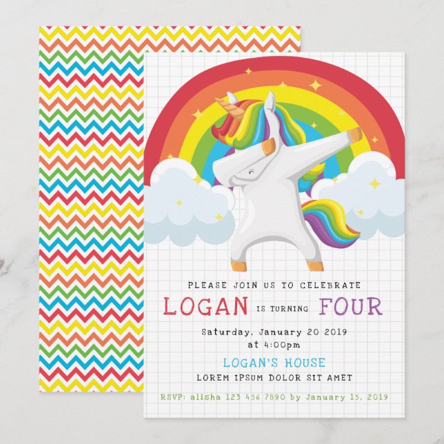 Unicorn Dab Birthday Invitation (Front/Back)