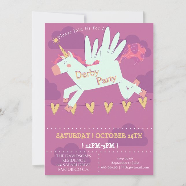 Unicorn Derby Party Invitation Kids Birthday Magic (Devant)