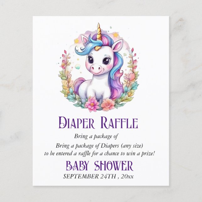 Unicorn Diaper Raffle Baby Shower Game (Front)