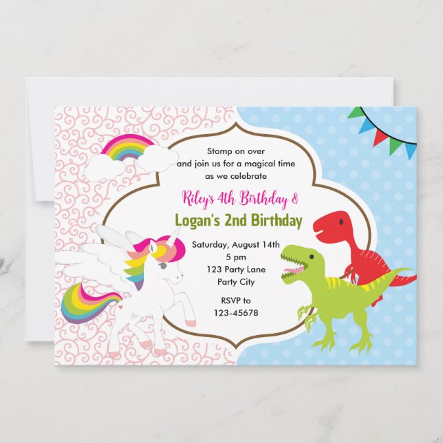 Unicorn & Dinosaur Joint Boy Girl Birthday Invites (Front)