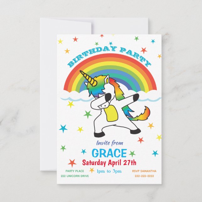 Unicorn Doing the Dab Rainbow & Stars Invite (Front)