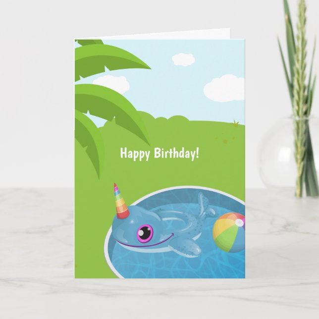 Unicorn Dolphin Floatie Pool Birthday Greeting Card (Front)