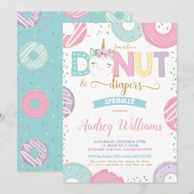 Unicorn Doughnut and Diapers Baby Sprinkle Shower Invitation (Front/Back)