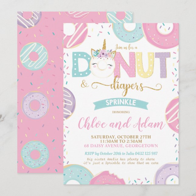 Unicorn Doughnut and Diapers Baby Sprinkle Shower Invitation (Front/Back)