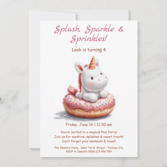 Unicorn Doughnut Pool Party Invitation – Summer pa (Front)