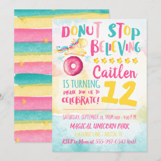 Unicorn Doughnut Watercolor Rainbow Birthday Invitation