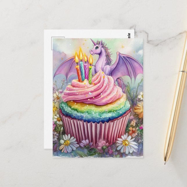 Unicorn Dragon With Cupcake and Flowers Postcard (Front/Back In Situ)