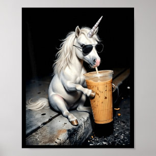 Unicorn drinking iced coffee funny animal meme men poster