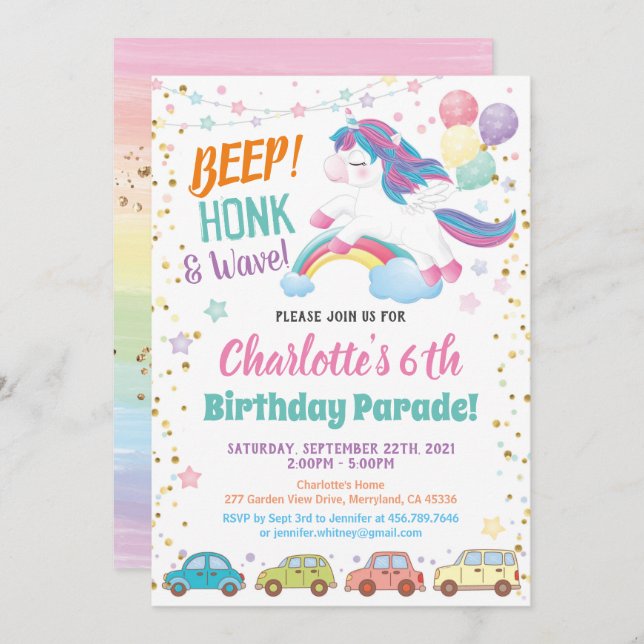 Unicorn Drive Through Girl Birthday Parade Invitation (Front/Back)