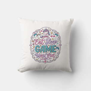Unicorn Eat Sleep Game Unicorn Playful Print on De Throw Pillow