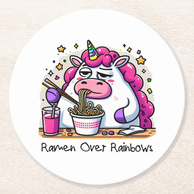 Unicorn Eating Ramen Round Paper Coaster (Front)