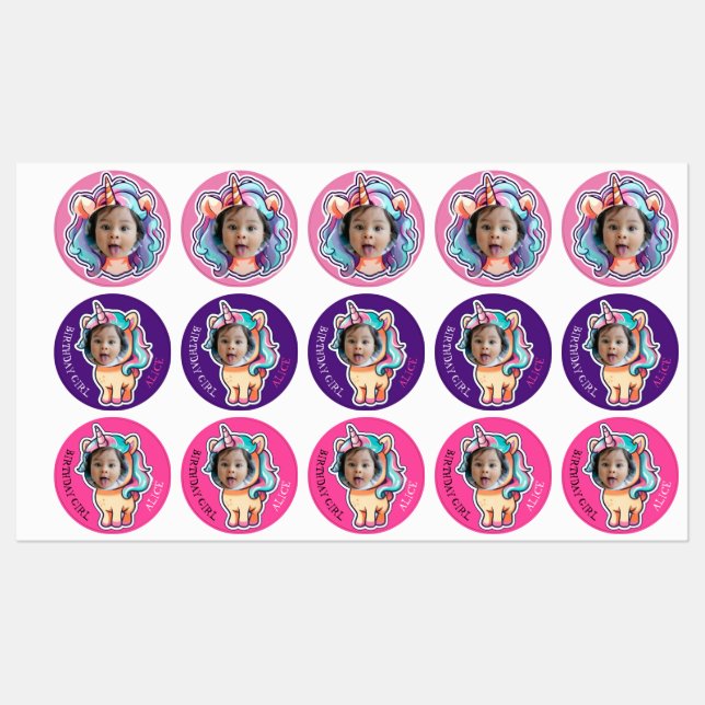 unicorn EDITABLE foto cupcake toppers stickers  (Sheet)