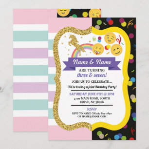 Unicorn & Emoji Boy Girl Shared Birthday Twins Fun Invitation