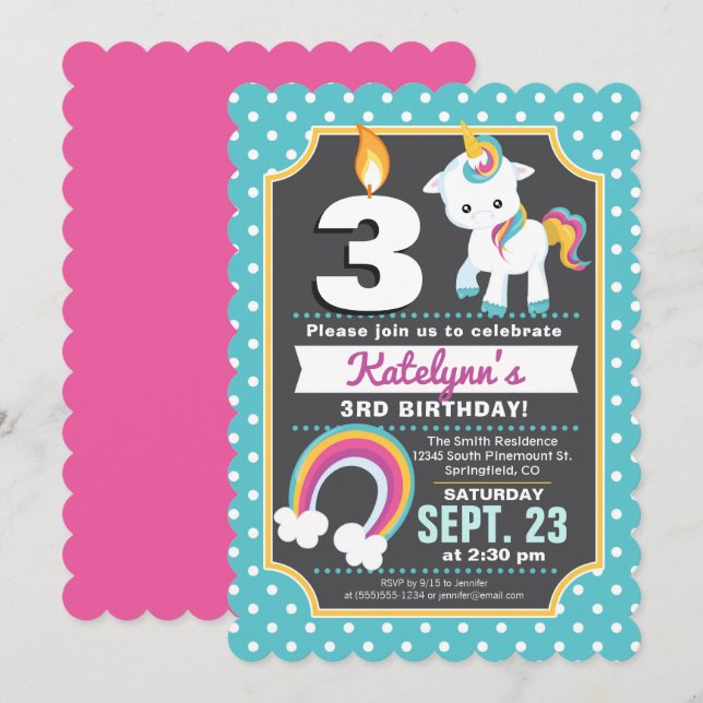 Unicorn et arc-en-ciel Invitation d'anniversaire f (Devant / Derrière)
