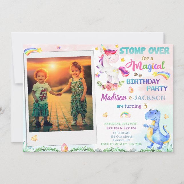 Unicorn et Dinosaur invitation anniversaire pour d (Devant)