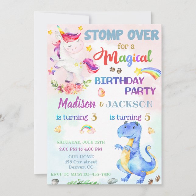 Unicorn et Dinosaur invitation pour les jumeaux (Devant)