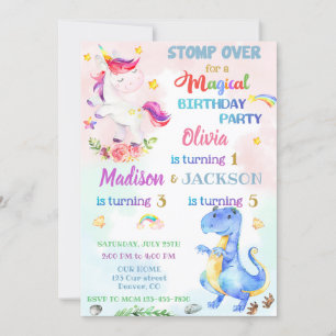 Unicorn et Dinosaur invitation pour trois ans