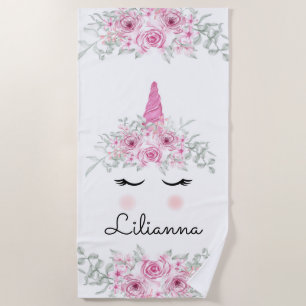 Unicorn Face and Flowers  Beach Towel