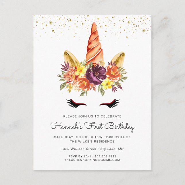 Unicorn Face Autumn Floral Birthday Invitation (Front)